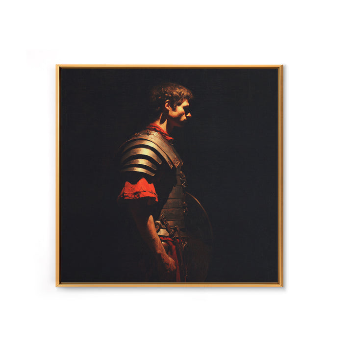 Roman Warrior In Shadow Wall Art, Dark Academia Soldier Portrait, Classical Armor Oil Painting For Masculine Office Decor