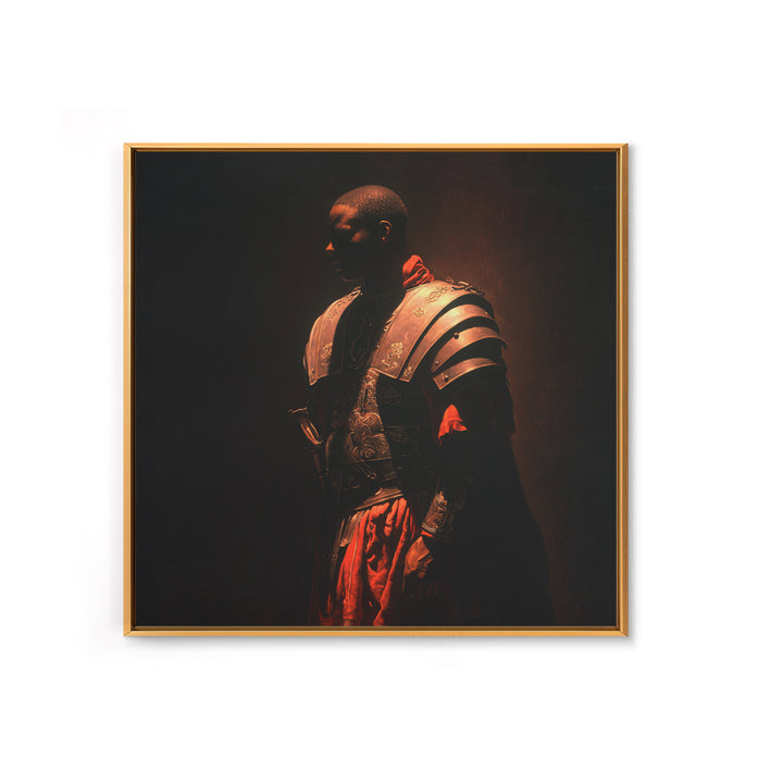 Black Knight In Ornate Armor Wall Art, Moody Warrior Portrait, Dark Academia Framed Canvas Print, Masculine Office Decor