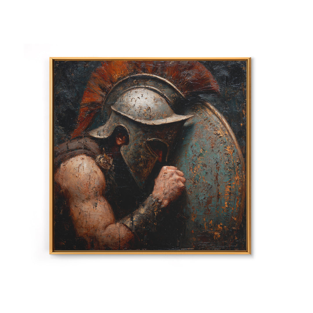 Dark Spartan Helmet And Shield Wall Art, Ancient Warrior Oil Painting, Greek Soldier Decor, Masculine Office, Gift For Him
