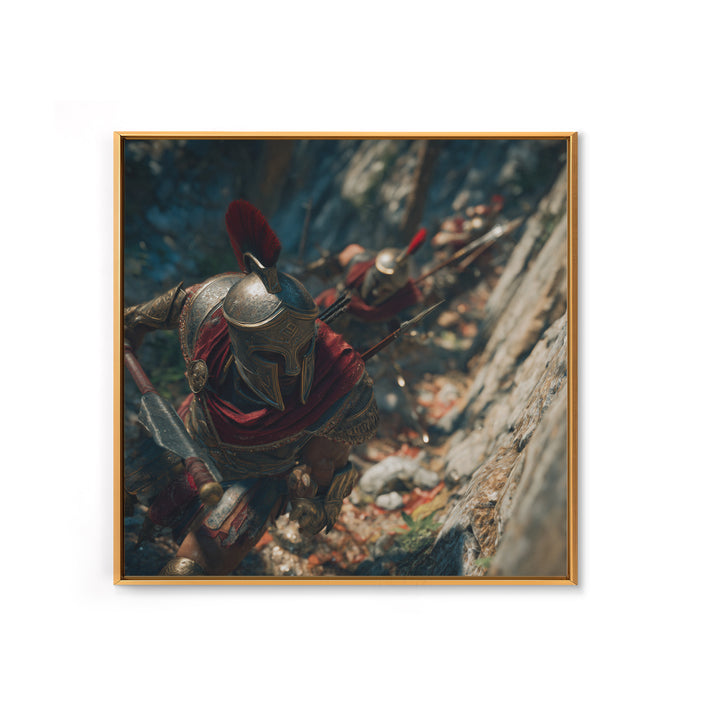 Spartan Warriors Climbing Rocky Pass Framed Canvas Print, Ancient Greek Wall Art, Roman Soldier Decor, History Gift, Fine Art