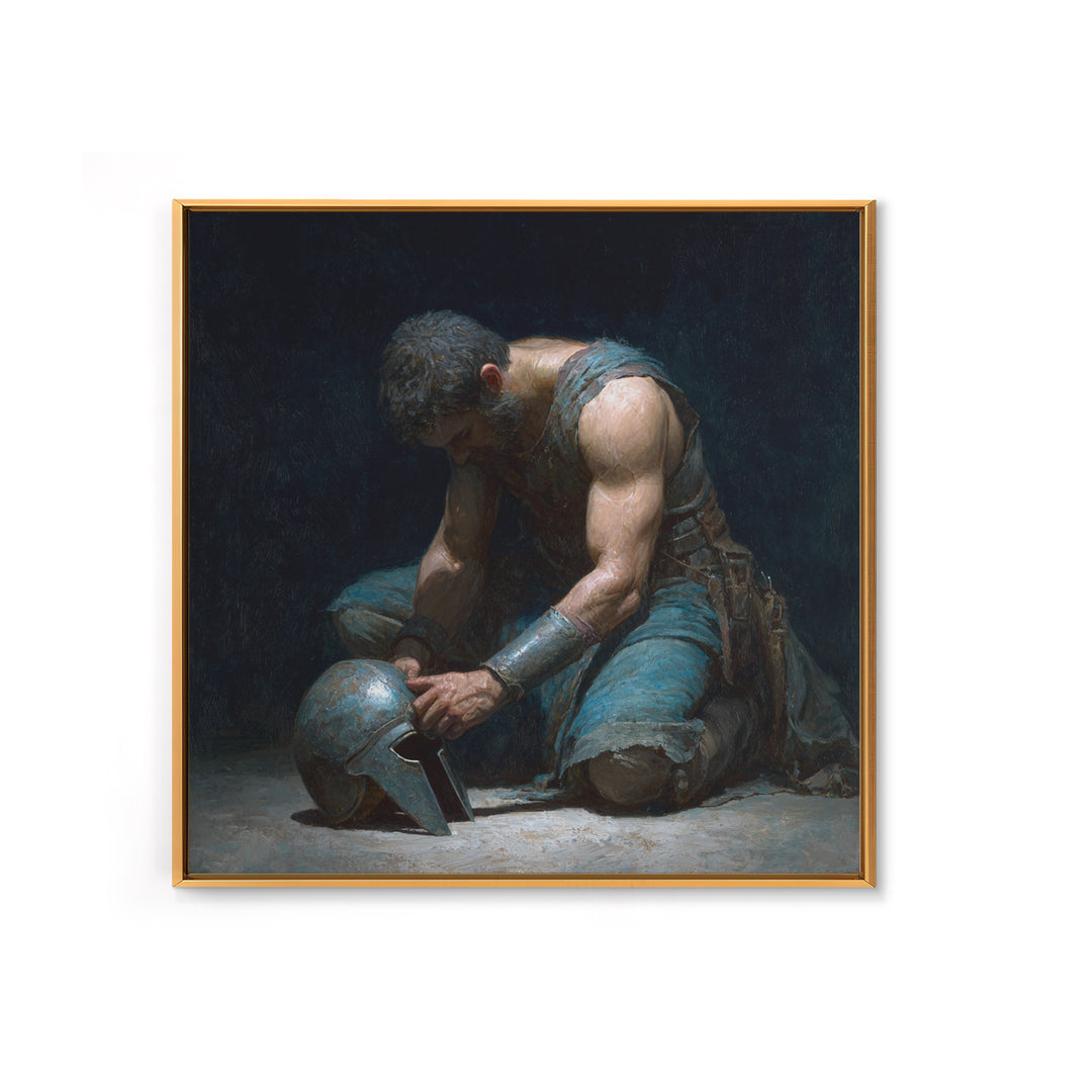 Kneeling Gladiator Holding Helmet Framed Canvas Print, Roman Warrior Oil Painting, Dark Masculine Wall Art For Office Decor