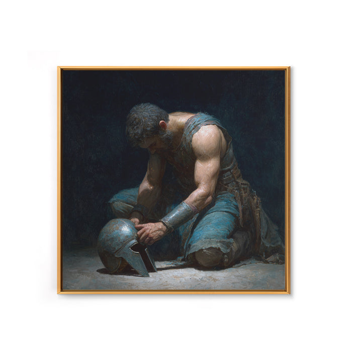 Kneeling Gladiator Holding Helmet Framed Canvas Print, Roman Warrior Oil Painting, Dark Masculine Wall Art For Office Decor