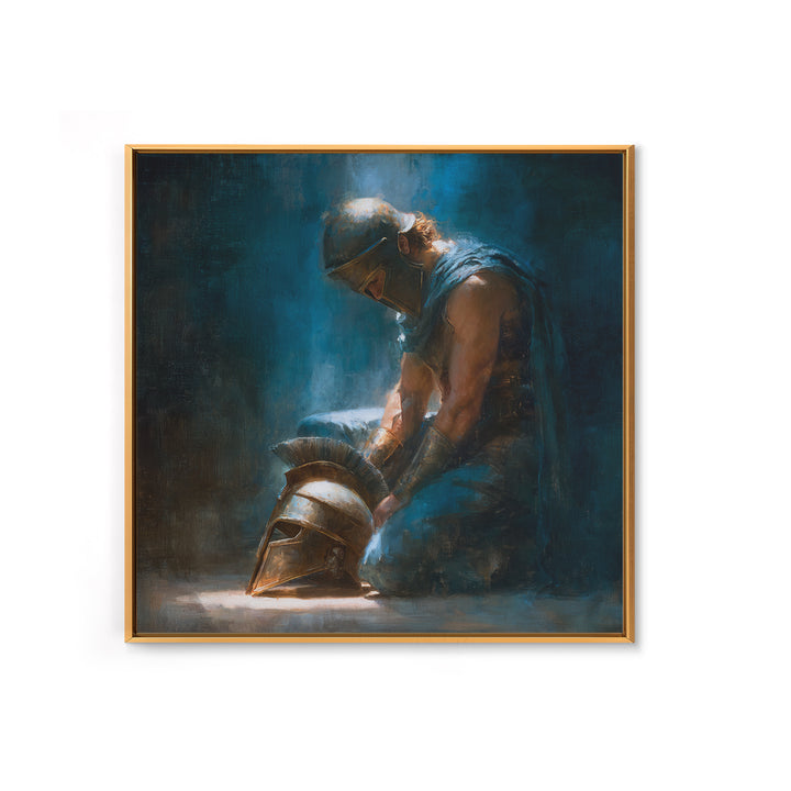Kneeling Warrior With Bronze Helmet Framed Canvas Print, Dark Roman Oil Painting, Moody Masculine Office Wall Art Decor Gift