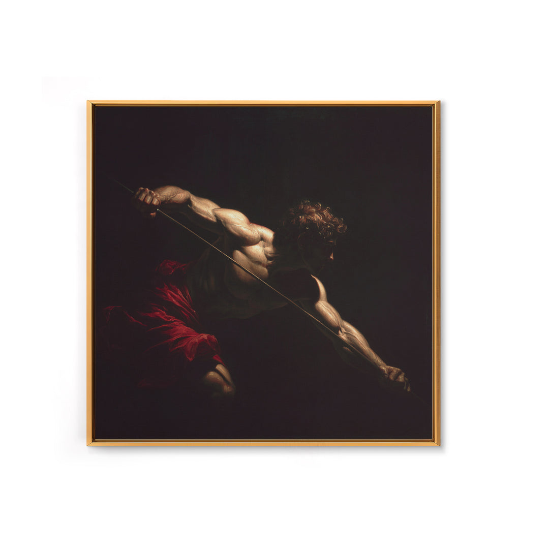Muscular Archer In Dramatic Shadow, Baroque Framed Canvas Print, Classical Figure Wall Art, Dark Academia Decor, Gift For Him