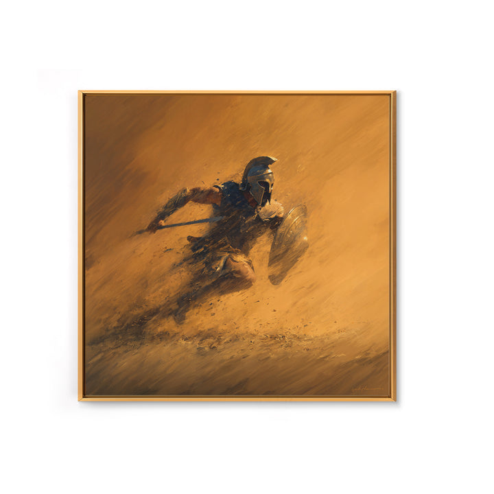Spartan Warrior Charging Through Sandstorm Canvas Print, Greek Wall Art, Action Painting, Warm Orange Decor, Gift For Him