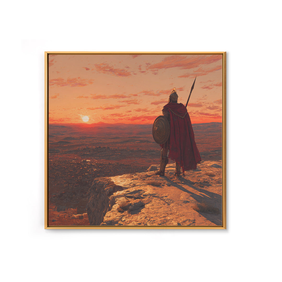 Ancient Warrior At Sunset Over Valley Canvas Print, Spartan Wall Art, Historical Landscape, Masculine Office Decor Gift Idea