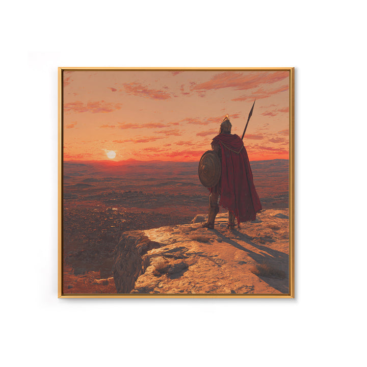 Ancient Warrior At Sunset Over Valley Canvas Print, Spartan Wall Art, Historical Landscape, Masculine Office Decor Gift Idea