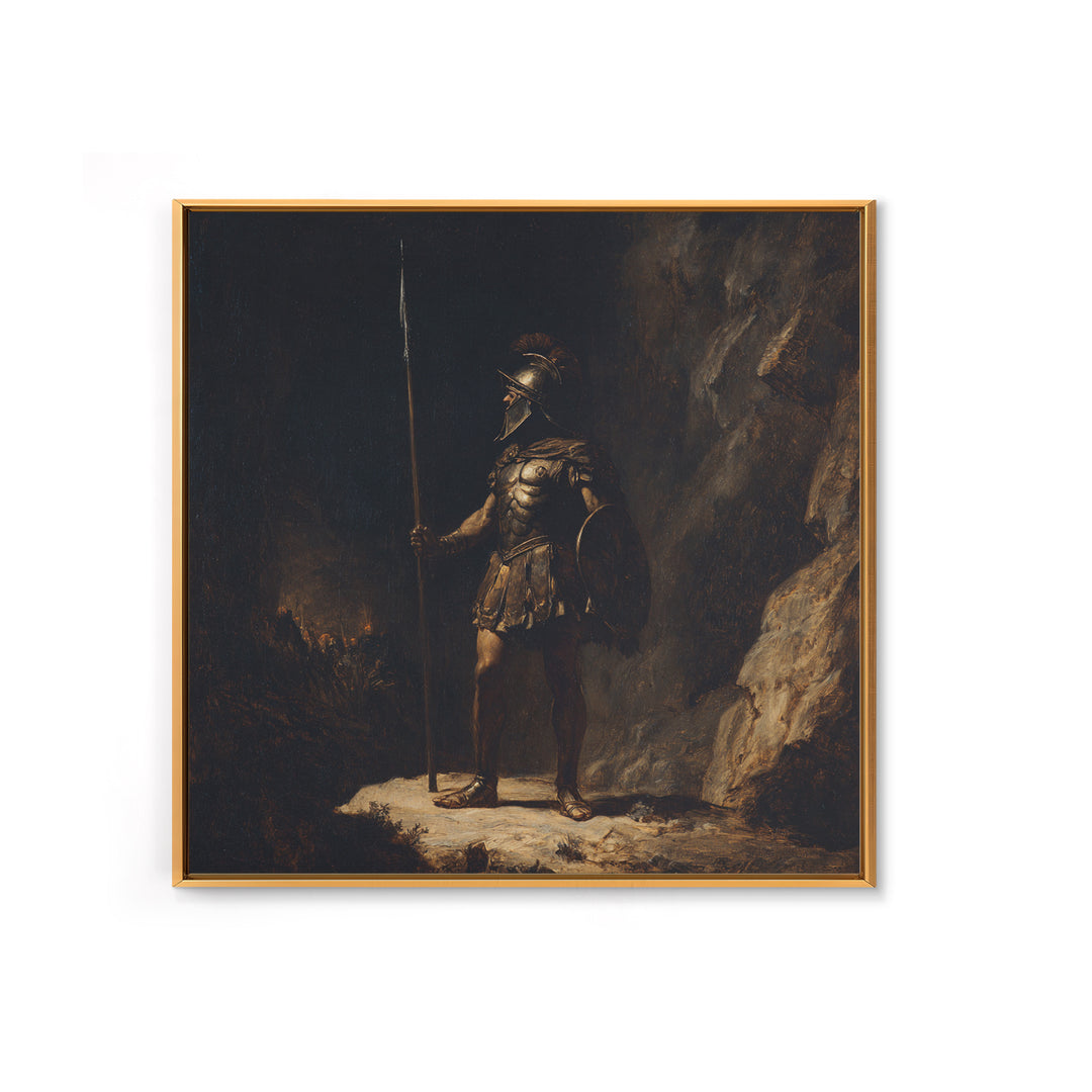 Ancient Spearman Guard In Dark Cave Canvas Print, Historical Classical Warrior Art, Moody Wall Decor, Masculine Office Decor