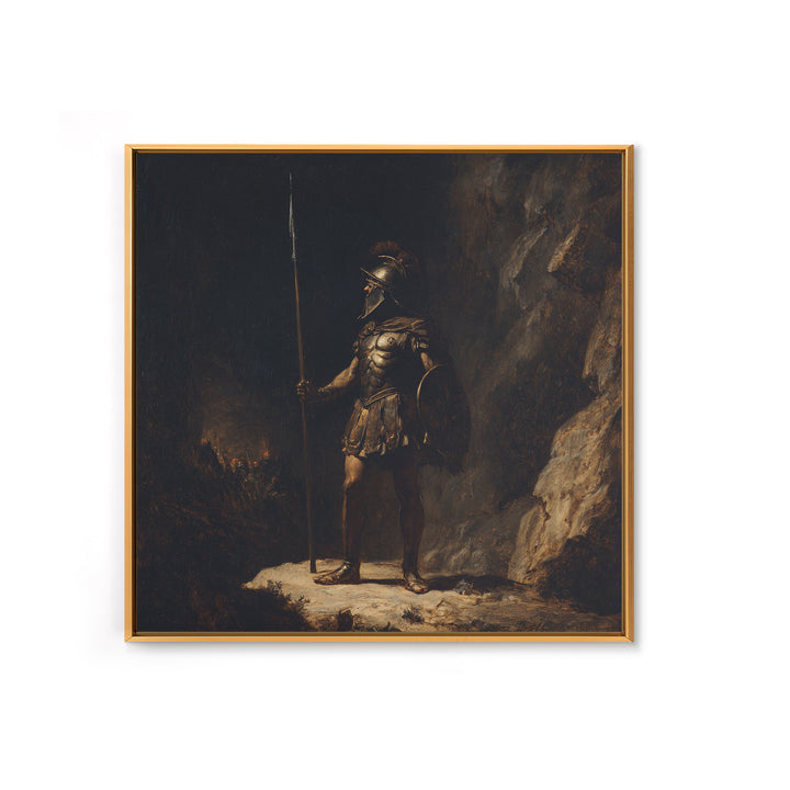 Ancient Spearman Guard In Dark Cave Canvas Print, Historical Classical Warrior Art, Moody Wall Decor, Masculine Office Decor