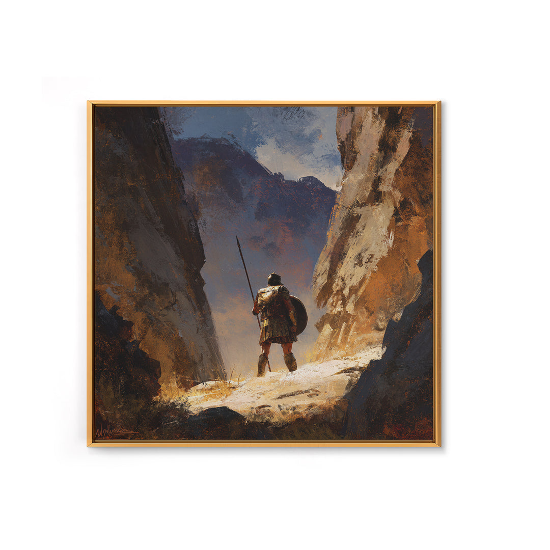 Solitary Spear Warrior In Sunlit Canyon Canvas Print, Ancient Greek Art, Southwestern Wall Art, Rustic Home Decor, Gift For Him