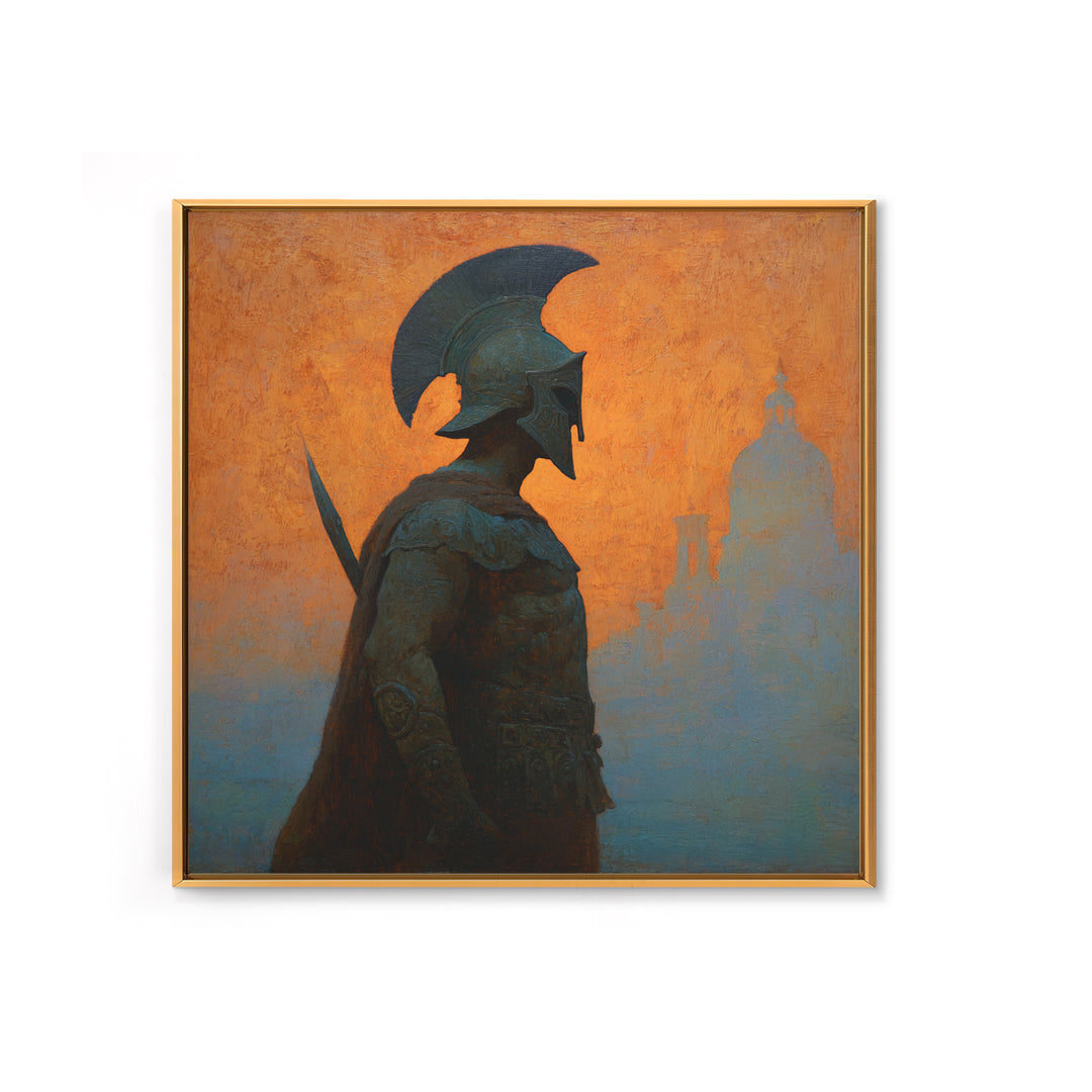 Spartan Warrior Silhouette Canvas Print, Orange Ancient Cityscape, Greek Mythology Wall Art, Classical History Home Decor