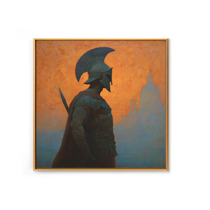 Spartan Warrior Silhouette Canvas Print, Orange Ancient Cityscape, Greek Mythology Wall Art, Classical History Home Decor