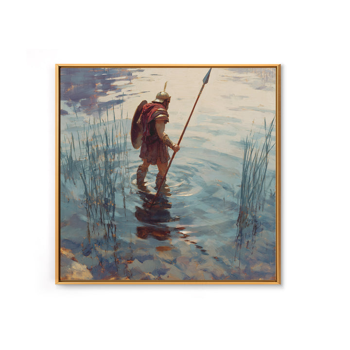 Solitary Warrior Wading Through Water Wall Art, Roman Spearman Landscape, Coastal Blue Canvas Print For Living Room Decor