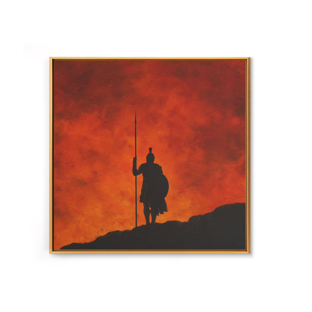 Spartan Silhouette With Spear At Red Sunset Framed Canvas Print, Greek Wall Art, Mythological Art, Dramatic Wall Decor, Gift For Him