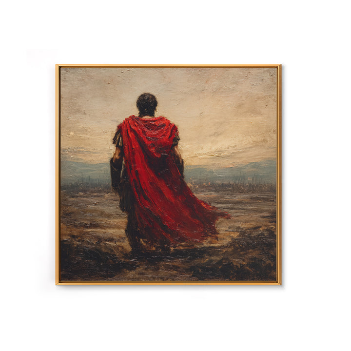 Red Cloaked Roman Warrior Framed Canvas Print, Ancient Battlefield Oil Painting, Classical Landscape Wall Art For Office
