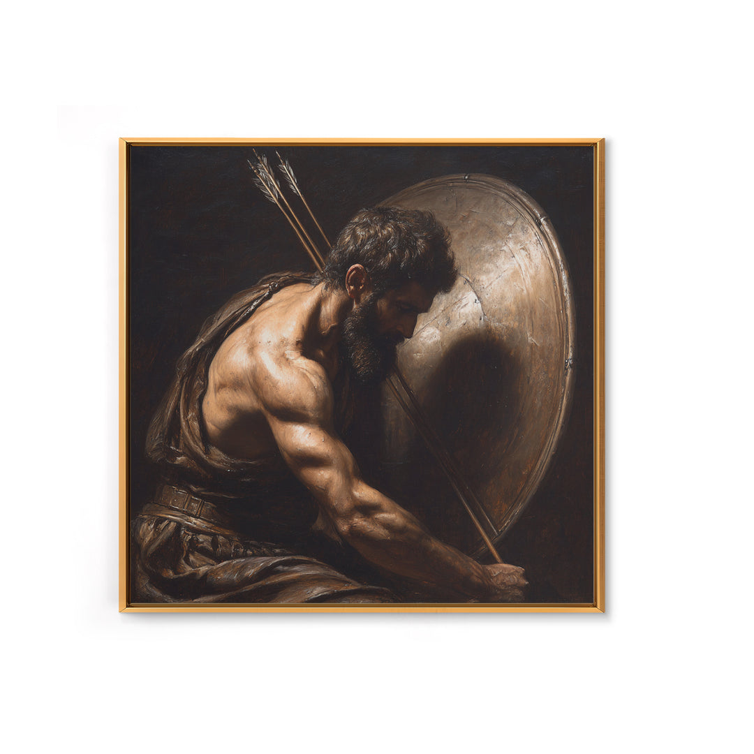 Bearded Warrior With Shield Wall Art, Classical Figurative Oil Painting, Dark Masculine Decor, Gift For Him, Office Decor