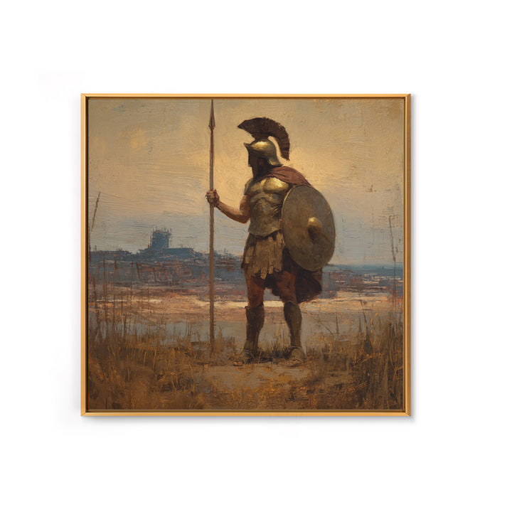 Spartan Guard With Spear And Shield Canvas Print, Greek Warrior Landscape, Ancient History Wall Decor, Masculine Office Art