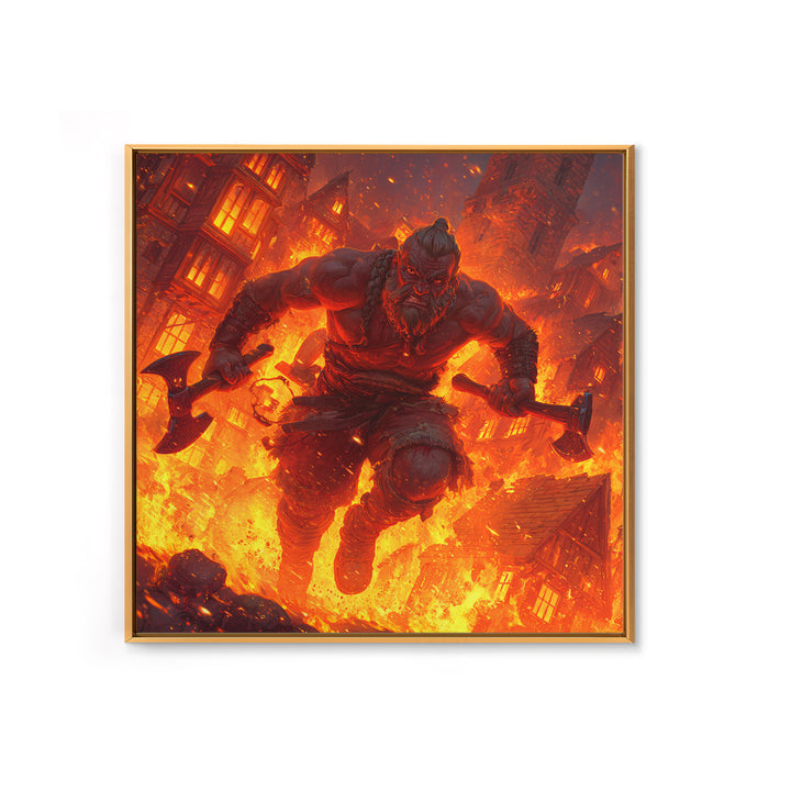 Fire Giant Berserker With Axes Wall Art, Dark Fantasy Canvas, Mythological Warrior Print, Gaming Room Decor, Gift For Him