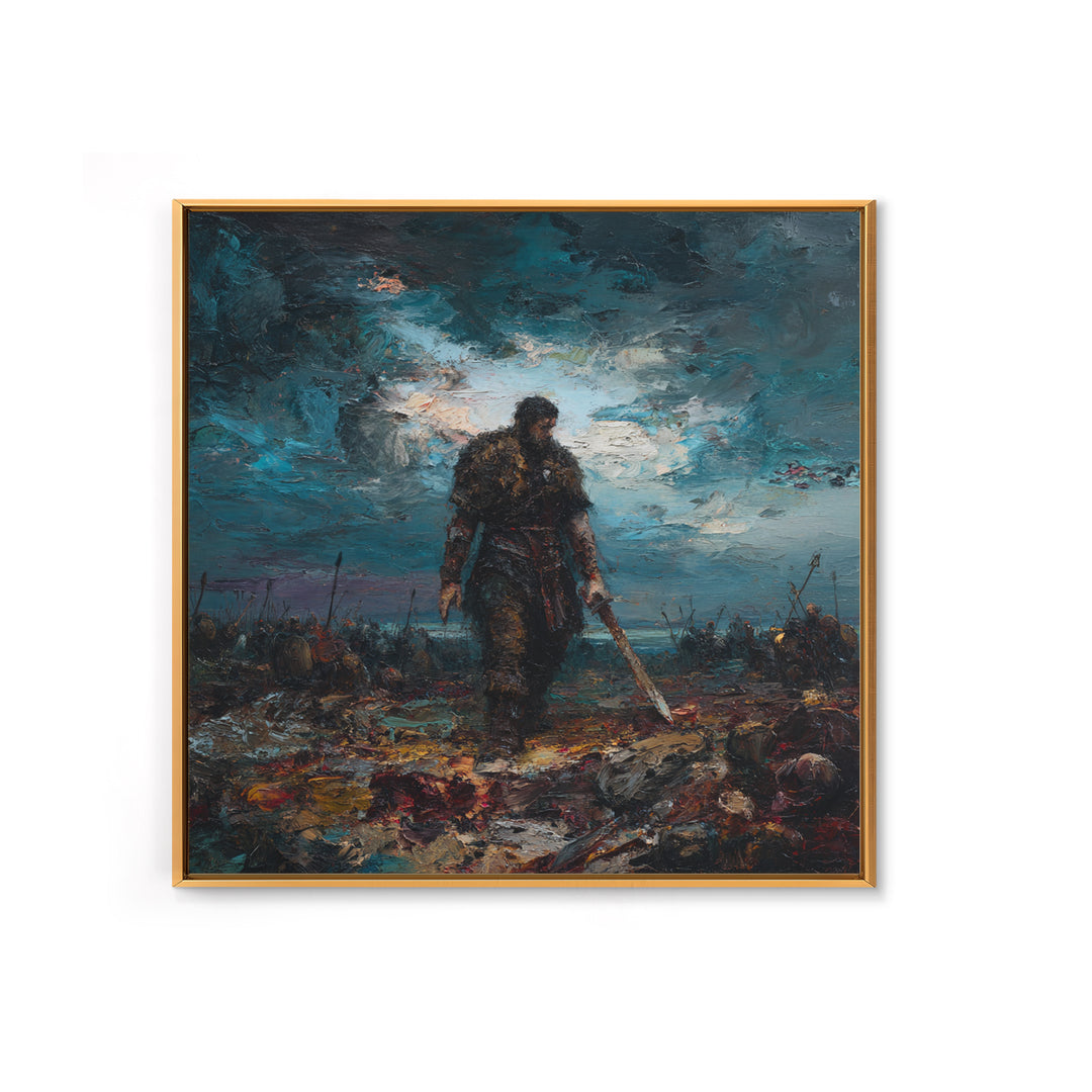 Brooding Warrior With Sword On Stormy Battlefield Canvas Print, Dark Fantasy Art, Masculine Office Decor, Gift For Him, Wall Decor