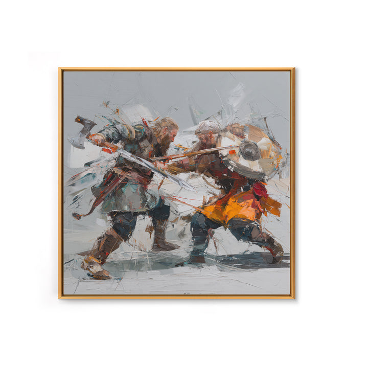 Viking Duel With Swords And Shields Canvas Print, Abstract Warrior Battle Painting, Dynamic Modern Wall Art For Game Room