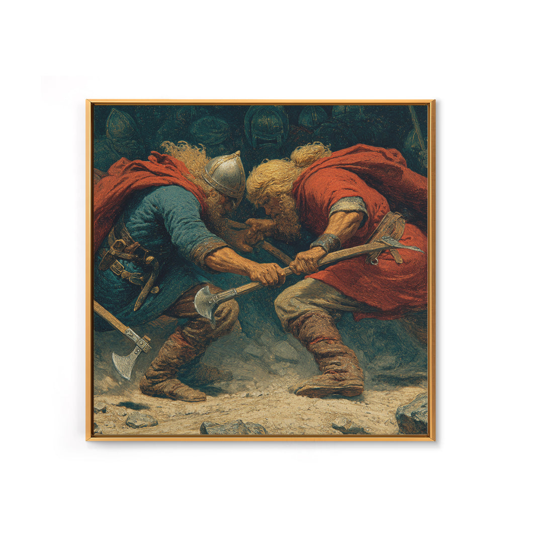 Clashing Viking Warriors With Axes Wall Art, Nordic Battle Painting, Historical Canvas Decor, Dramatic Masculine Office Art