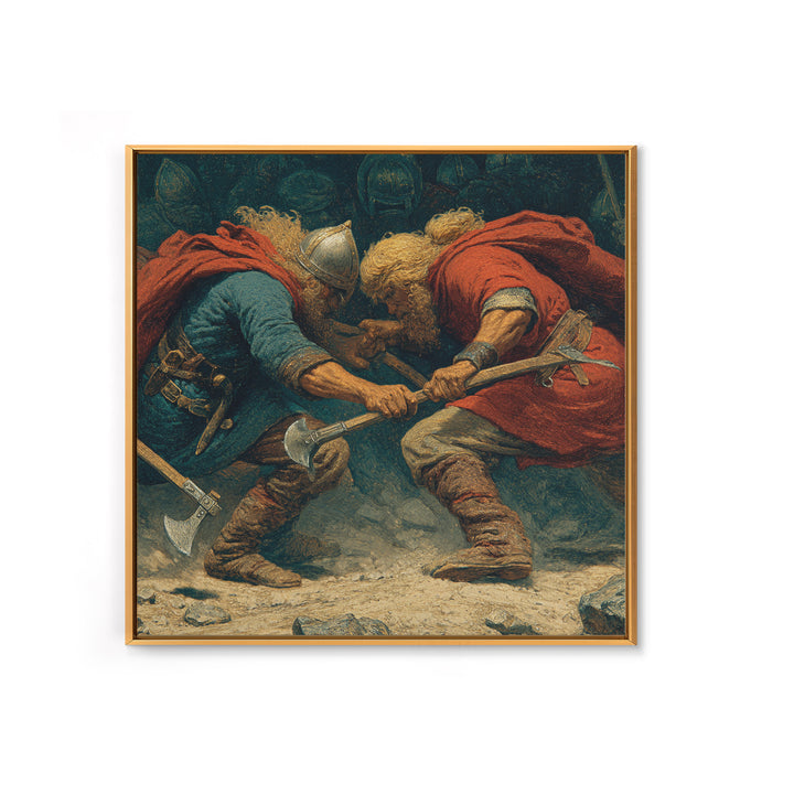 Clashing Viking Warriors With Axes Wall Art, Nordic Battle Painting, Historical Canvas Decor, Dramatic Masculine Office Art
