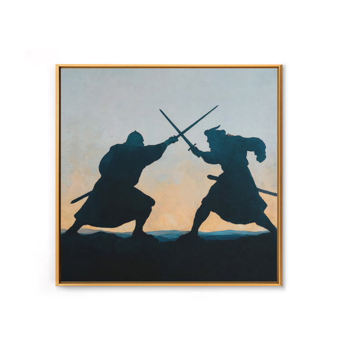 Silhouette Sword Duel At Sunset Canvas Print, Medieval Warrior Wall Decor, Viking Battle Art, Minimalist Masculine Gift For Him