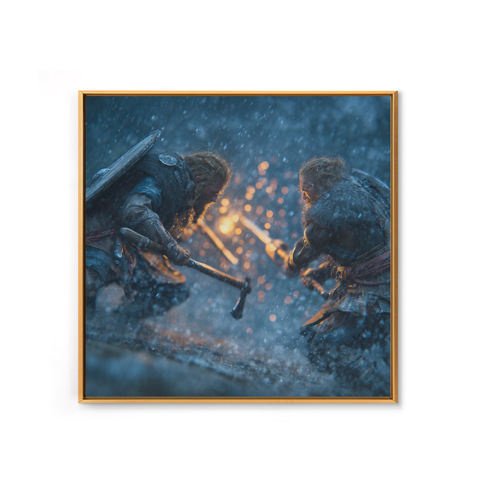 Snowy Viking Duel With Axes Wall Art, Norse Battle Canvas Print, Dark Fantasy Decor, Action Artwork, Gift For Him, Nordic Decor