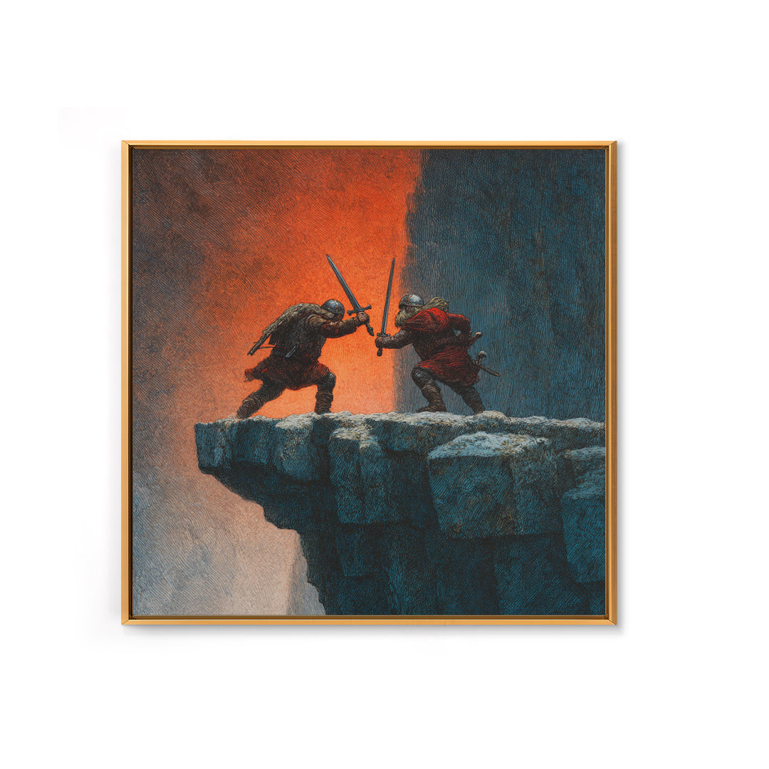 Cliffside Sword Duel Wall Art, Medieval Warriors Battle At Sunset, Dark Fantasy Canvas Print For Game Room And Office Decor