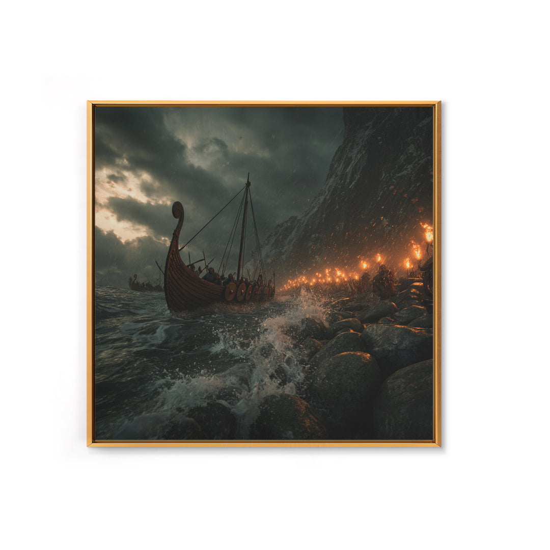 Viking Longship Stormy Shore Framed Canvas Print, Norse Seascape, Dark Fantasy Wall Decor, Masculine Office Art, Viking Wall Art