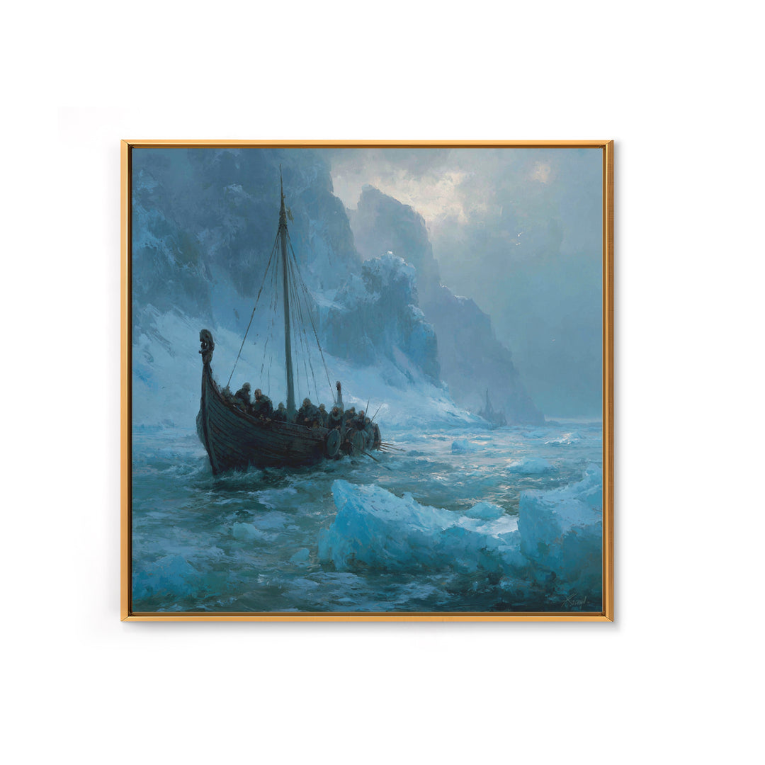 Viking Longship In Icy Fjord, Arctic Seascape Wall Art, Norse Landscape Canvas Print, Coastal Winter Decor, Gift For Him