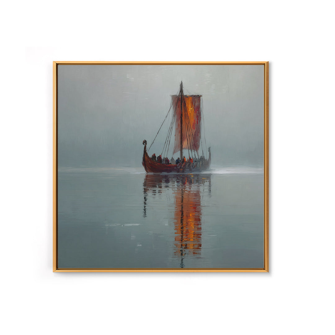 Misty Viking Longship With Red Sail Canvas Print, Nordic Seascape Oil Painting, Nautical Wall Decor, Scandinavian Art, Home Decor