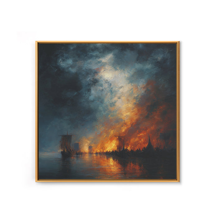 Burning Harbor Ships At Night Wall Art, Moody Seascape Painting, Dramatic Ocean Canvas Art, Dark Coastal Living Room Decor