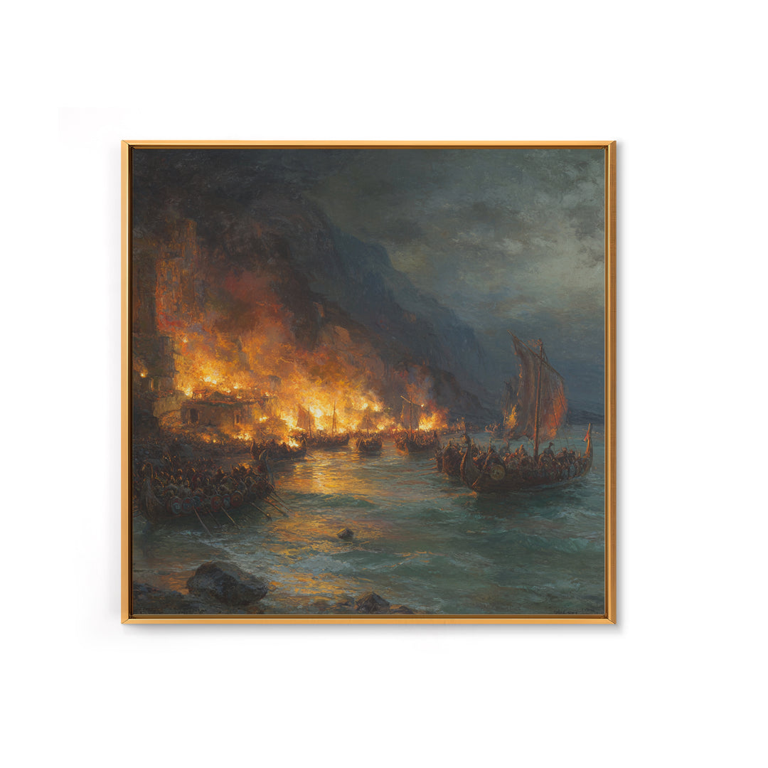 Burning Harbor With Viking Longships Framed Canvas Print, Seascape Art, Historical Wall Art, Dark Nautical Decor, Man Cave Decor