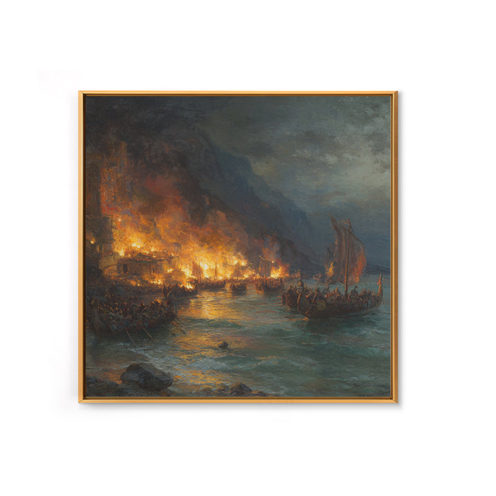 Burning Harbor With Viking Longships Framed Canvas Print, Seascape Art, Historical Wall Art, Dark Nautical Decor, Man Cave Decor