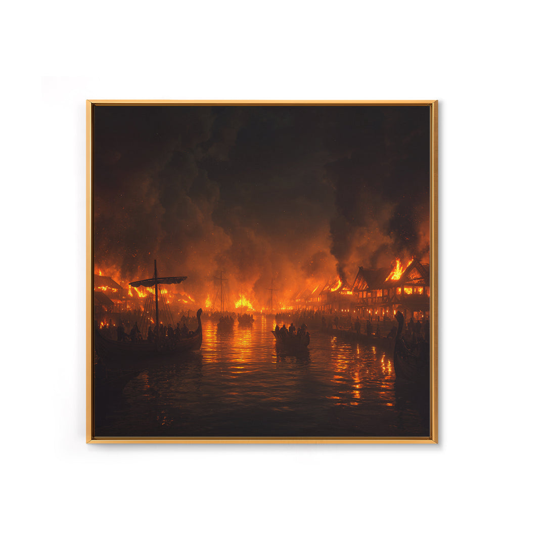Burning Medieval Harbor And Viking Ships Wall Art, Dark Fantasy Fire Painting, Dramatic Historical Canvas Home Decor, Luxury Wall Decor