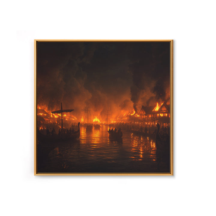 Burning Medieval Harbor And Viking Ships Wall Art, Dark Fantasy Fire Painting, Dramatic Historical Canvas Home Decor, Luxury Wall Decor