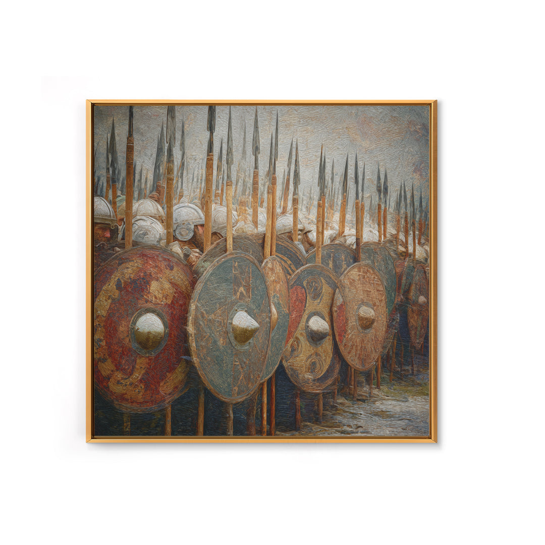 Ancient Shield Wall With Spears Canvas Print, Greek Hoplite Army Wall Art, Historical Battle Decor, Textured Oil Painting