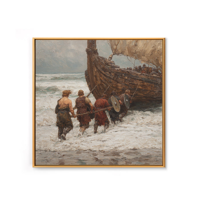 Viking Longship Landing On Stormy Shore Canvas Print, Norse Seascape Oil Painting, Nautical Coastal Wall Decor For Living Room