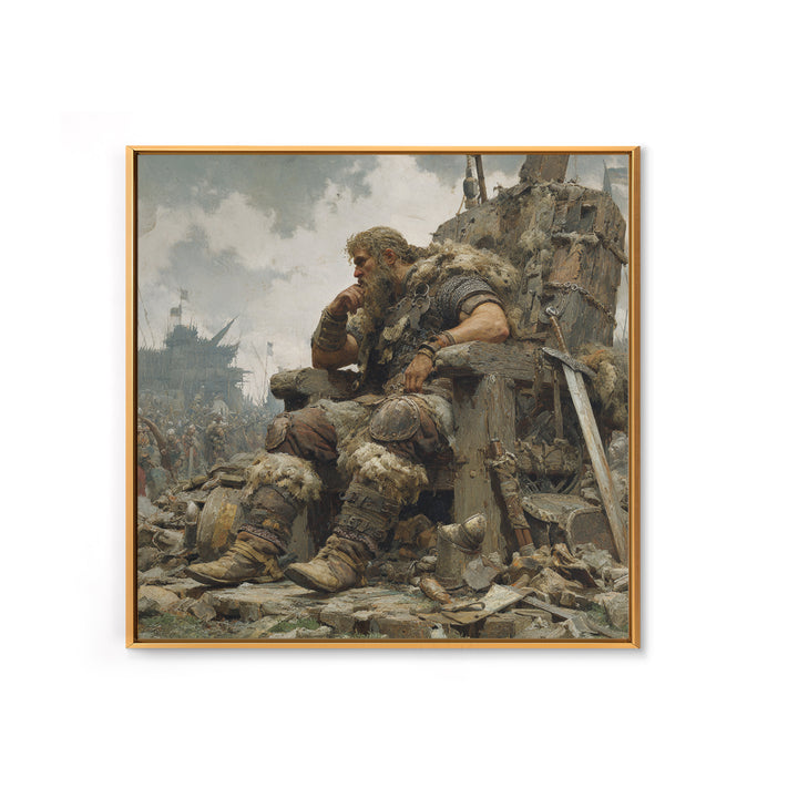 Viking Chieftain On Ruined Throne Framed Canvas Print, Norse Warrior Oil Painting, Rustic Medieval Wall Decor, Gift For Him