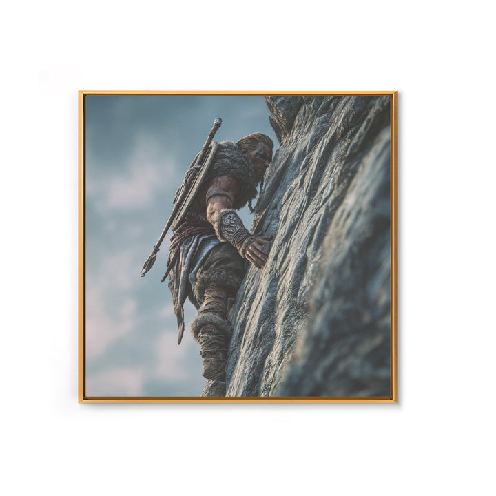Viking Cliff Climber Warrior Wall Art, Norse Fantasy Canvas Print, Adventure Decor, Mountain Artwork, Gift For Him, Rustic Home Decor