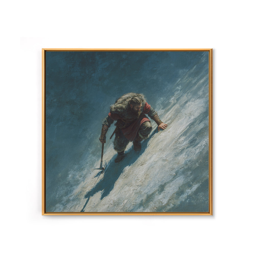 Lone Viking Climbing Icy Mountain Wall Art, Nordic Warrior Oil Painting, Dark Adventure Landscape Office Decor Gift For Him