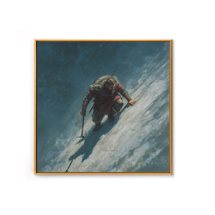 Lone Viking Climbing Icy Mountain Wall Art, Nordic Warrior Oil Painting, Dark Adventure Landscape Office Decor Gift For Him