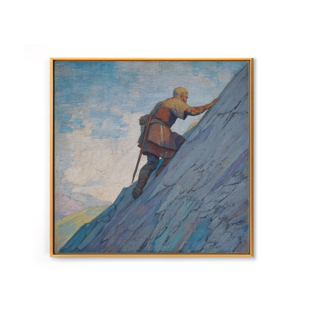 Lone Viking Climbing Icy Mountain Canvas Print, Fantasy Adventure Landscape Art, Nordic Wall Decor, Motivational Office Art
