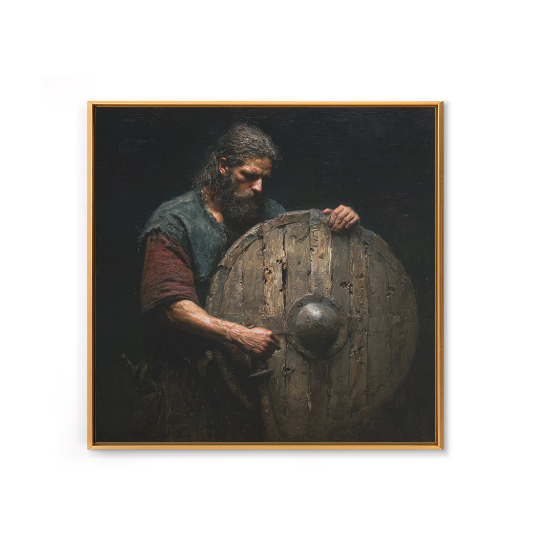 Bearded Warrior Holding Weathered Wooden Shield Canvas Print, Rustic Wall Art, Viking Art, Dark Academia Decor, Gift For Him