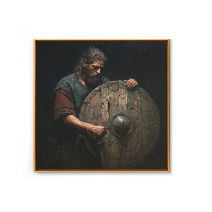 Bearded Warrior Holding Weathered Wooden Shield Canvas Print, Rustic Wall Art, Viking Art, Dark Academia Decor, Gift For Him