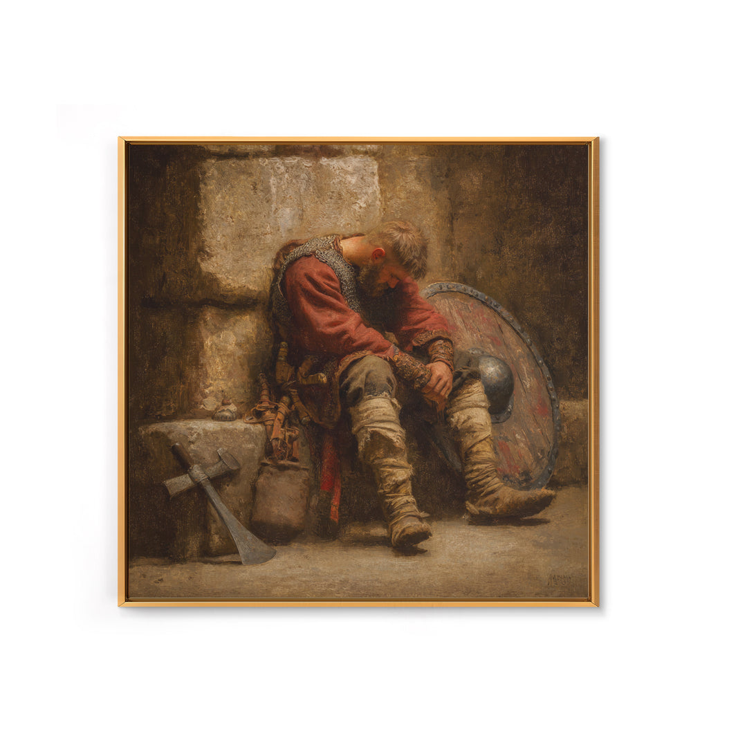 Exhausted Viking Warrior Wall Art, Medieval Shield And Axe Painting, Rustic Historical Canvas Print For Man Cave And Office Decor