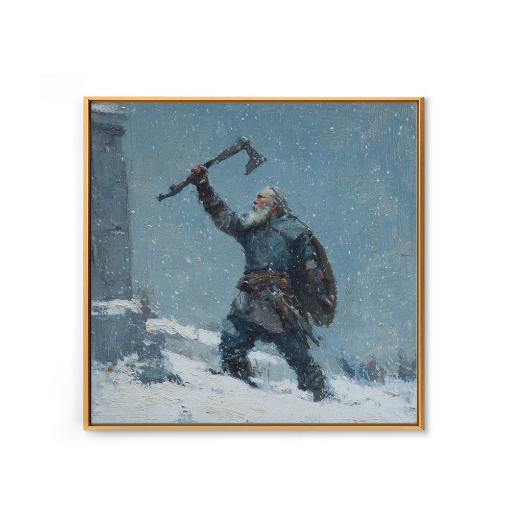 Snowy Viking Warrior Raising Axe Canvas Print, Norse Wall Art, Winter Landscape Art, Rustic Home Decor, Gift For Him, Cabin Decor