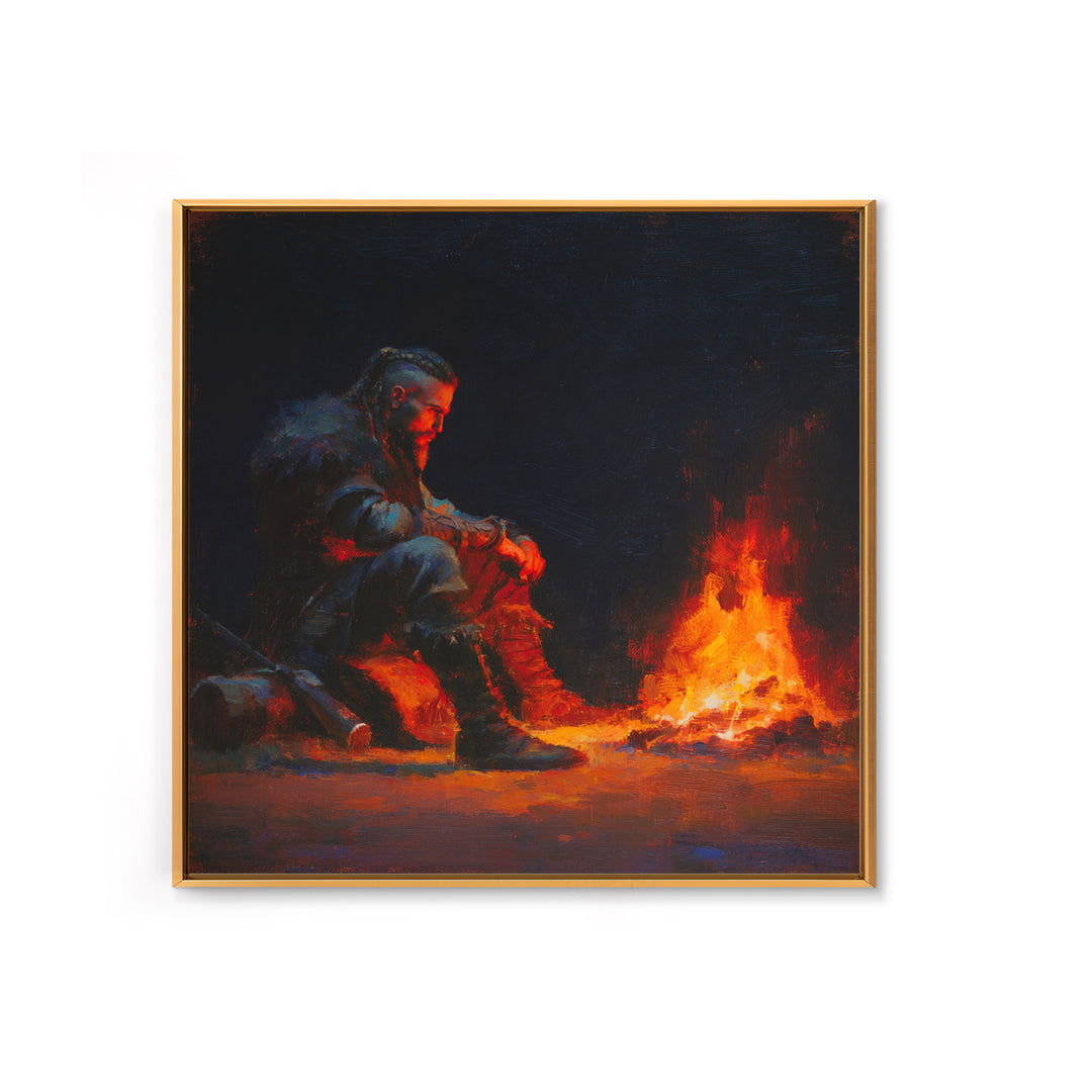 Viking Warrior Beside Fire Framed Canvas Print, Dark Fantasy Art, Nordic Wall Decor, Masculine Man Cave Office Decor Gift For Him