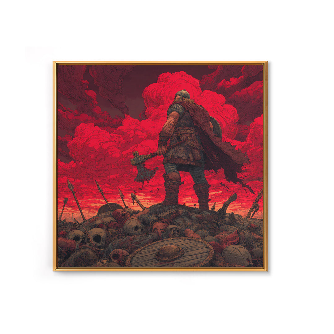 Viking Warrior On Skull Battlefield, Red Apocalypse Wall Art, Norse Fantasy Canvas Print, Dark Masculine Decor, Gift For Him
